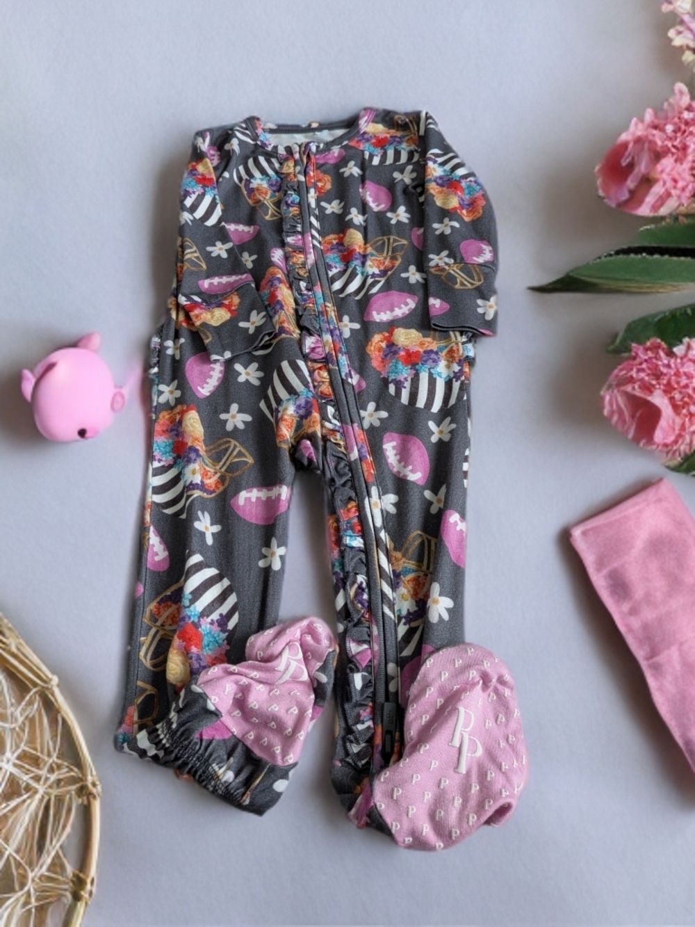 Posh Peanut Gray Floral & Stripe Baby Onesie